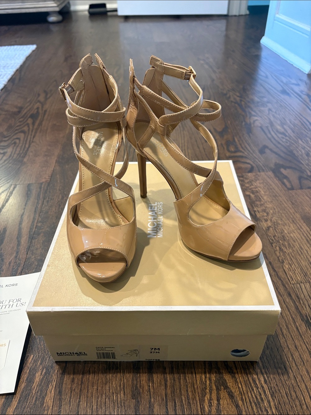 Michael Kors Catia Toffee Nude Patent Leather Strappy High Heel Sandal Size 37/7